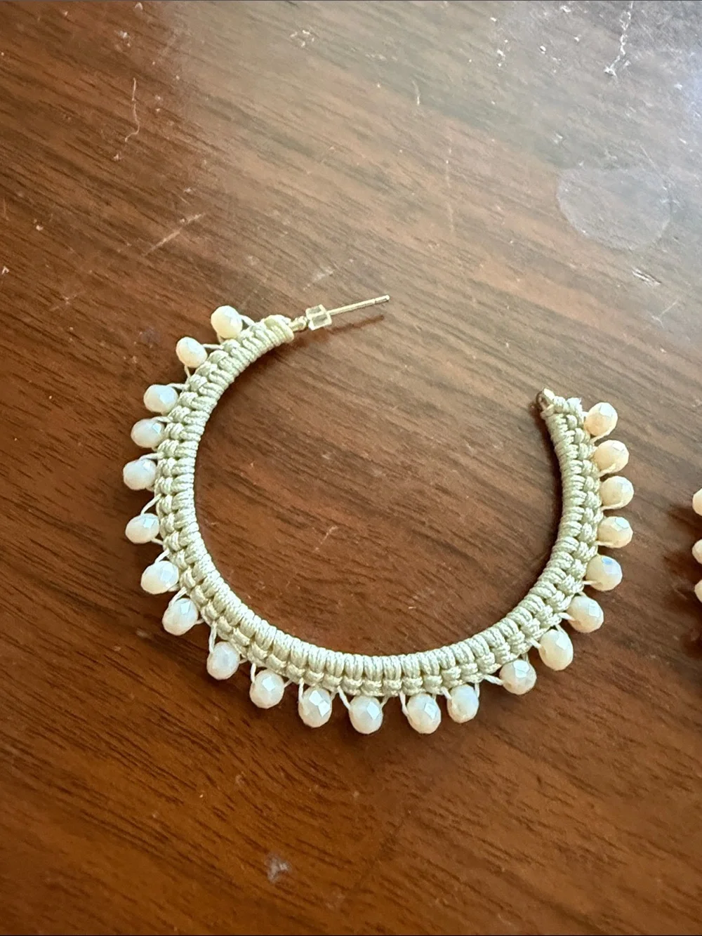 Handcrafted Cream Beaded Hoop Earrings